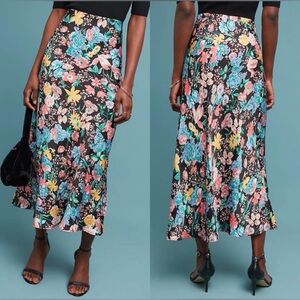 Anthropologie Black Floral Midi Skirt with Blue, Pink, Yellow & Green Flowers